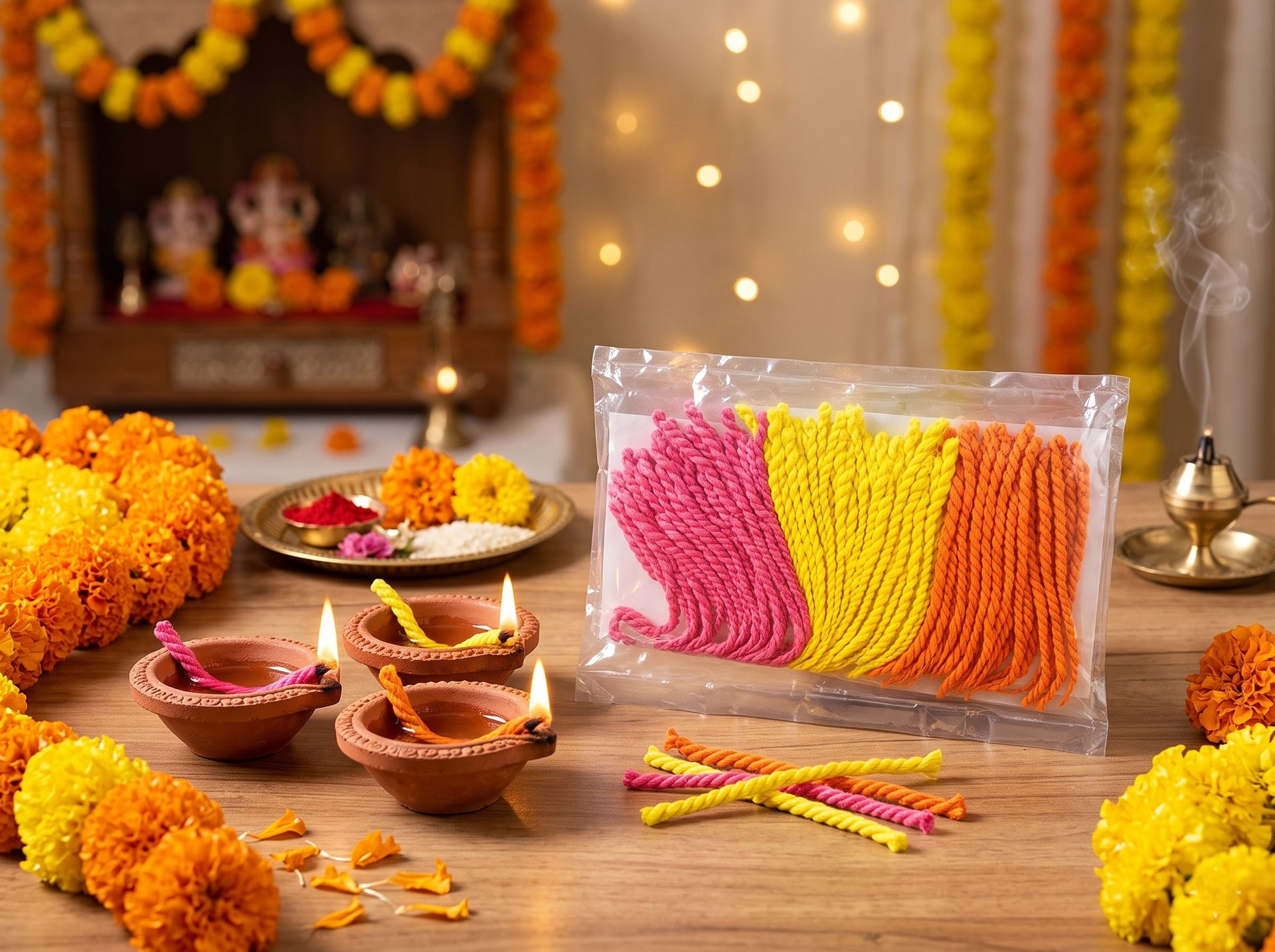 Cotton diya wicks and lit lamps