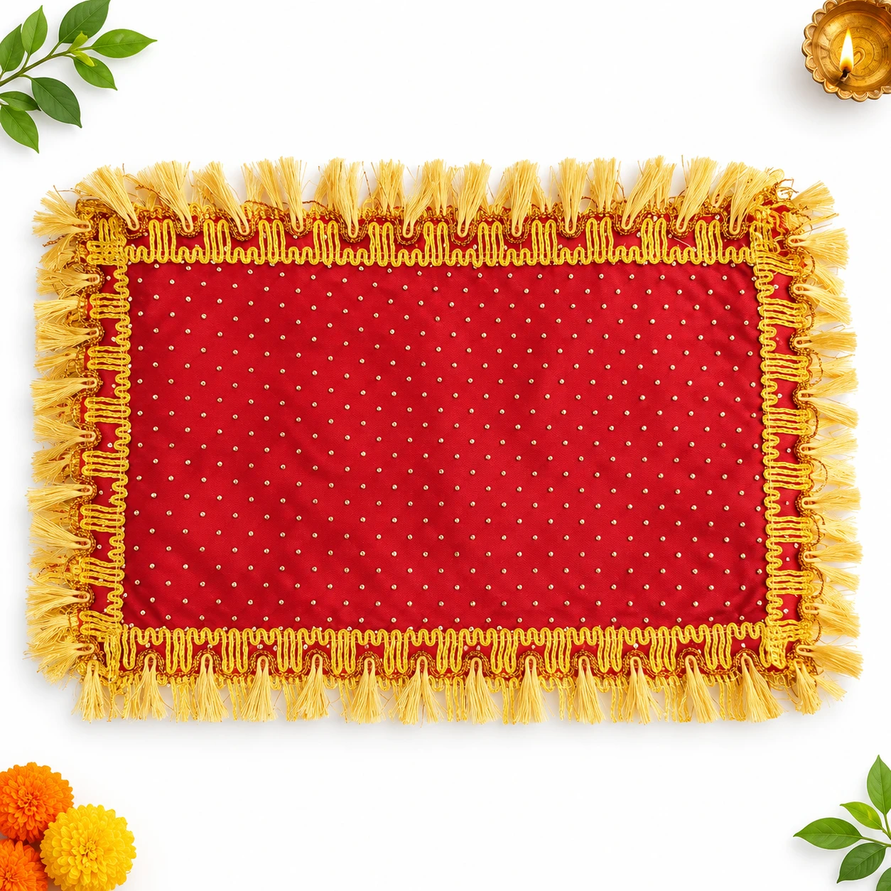 Hanumanta Red Golden Chunri for Goddess, 9 x 5 | Decorative Mata Rani Chunri with Golden Lace, Zari Dots & Tassels for Pooja and Mandir - Pack of 2