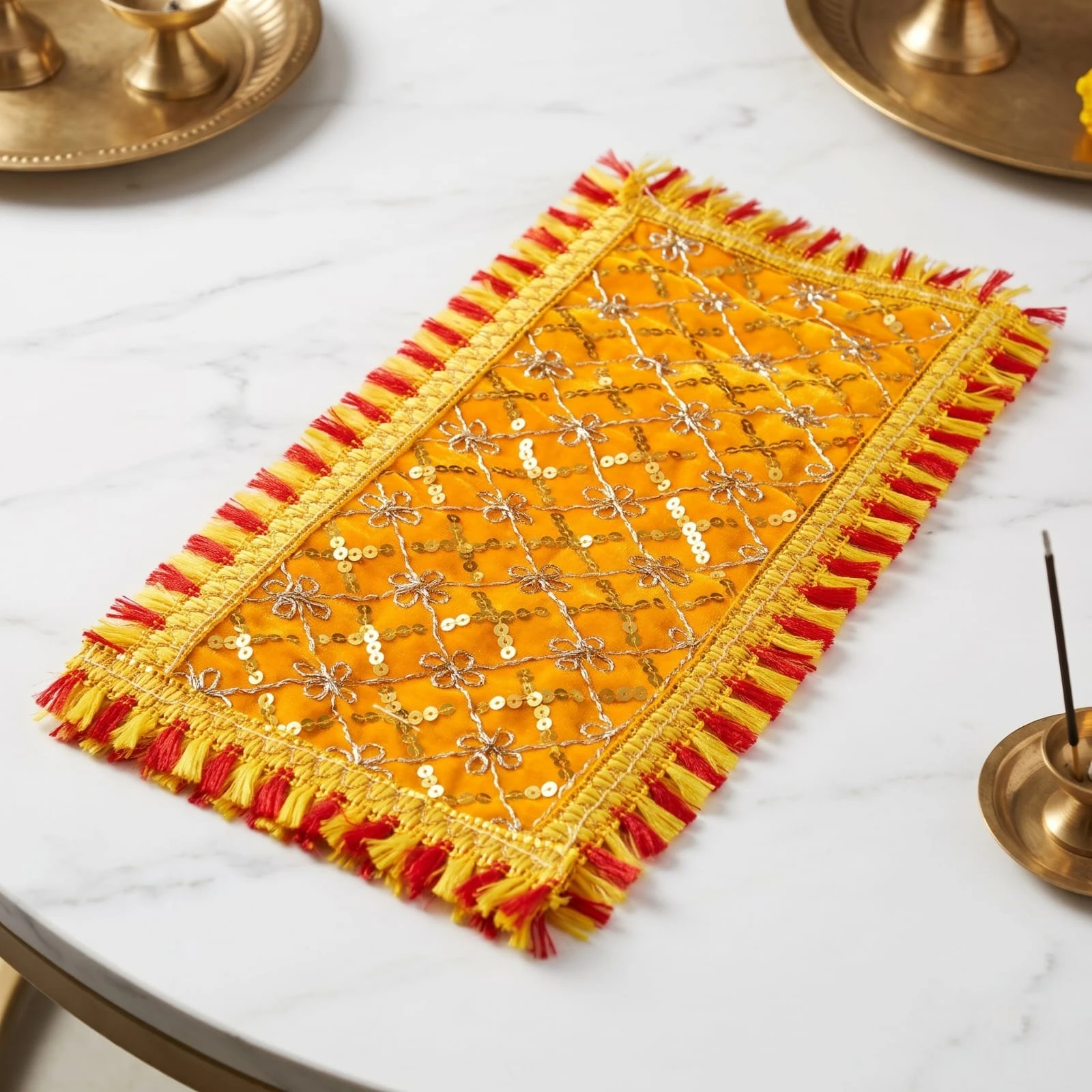 Mangal Arpan Velvet Deity Asan - Yellow - 13 x 6 cm - Pack of 2
