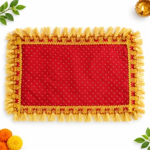 Red Golden Chunri for Goddess, 9 x 5 | Decorative Mata Rani Chunri with Golden Lace, Zari Dots & Tassels for Pooja and Mandir - Pack of 2