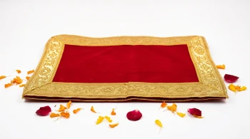 Hanumanta Red Velvet Puja Aasan Cloth for Mandir Chowki (12 &times; 7) &ndash; Traditional Golden Zari Lace Border Pooja Mat for God Idol &amp; Bajot Altar - Pack of 2