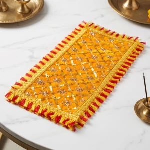 Hanumanta Yellow Velvet Mandir Altar Cloth / Deity Asan with Zari Floral Embroidery &amp; Dual Fringe Border (13 x 6) - Pack of 2